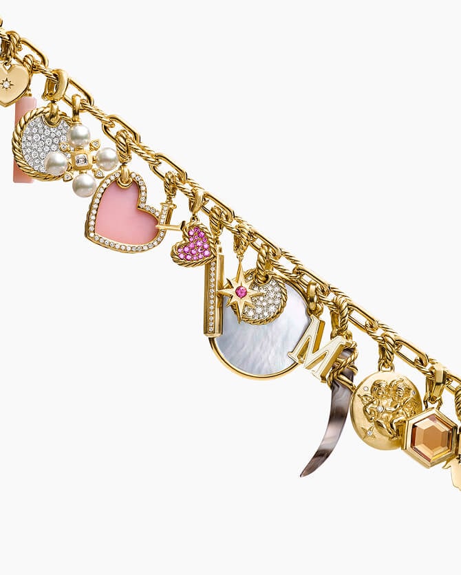 A chain with many David Yurman amulets on it.