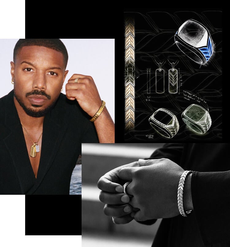 A collage of Michael B. Jordan next to Chevron jewelry sketches.