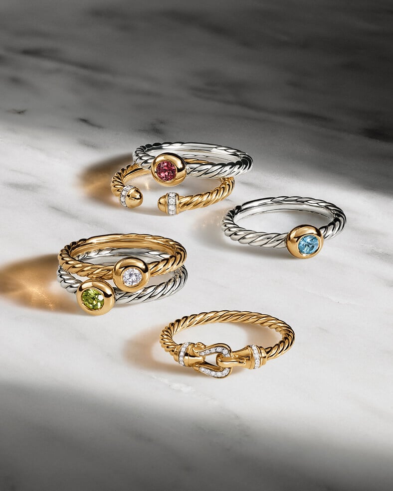 Essential David Yurman rings in various metals.
