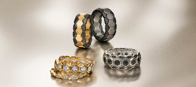 David Yurman men's rings in different metals and gemstones.