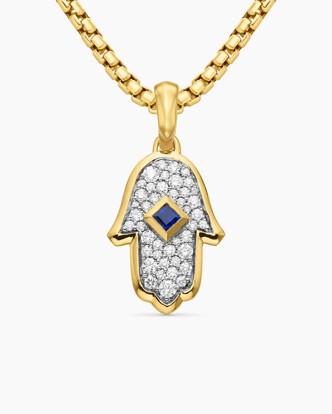 Hamsa Amulet in 18K Yellow Gold with Pav&eacute; Diamonds and Blue Sapphire, 24.6mm