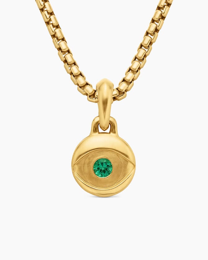Evil Eye Amulet in 18K Yellow Gold with Emerald, 14.5mm